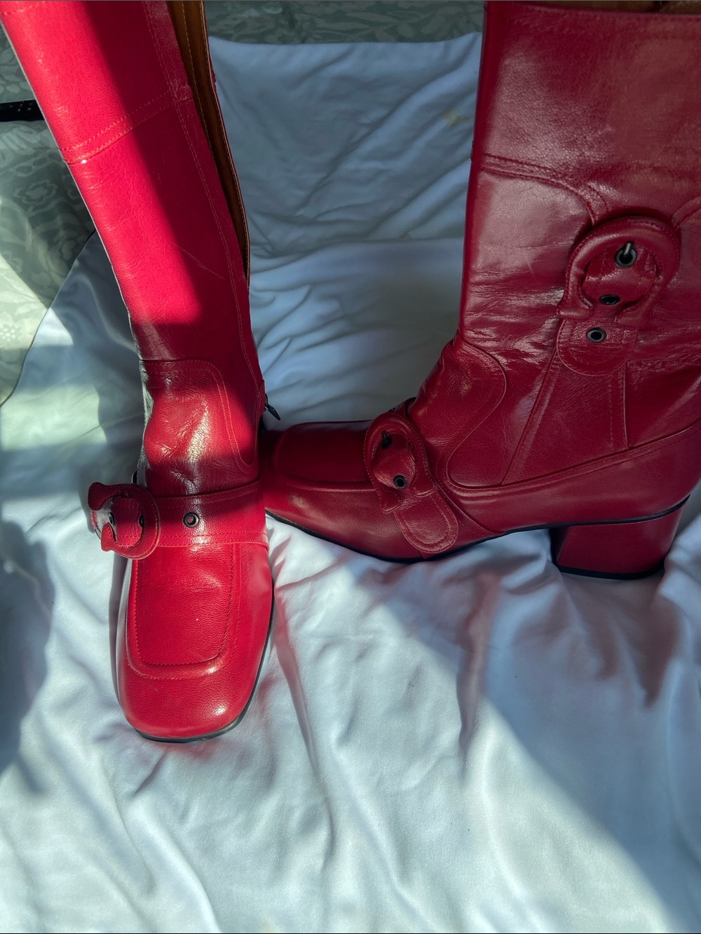 Coach Red Leather Over-the-Knee Boots with Buckle Detail
